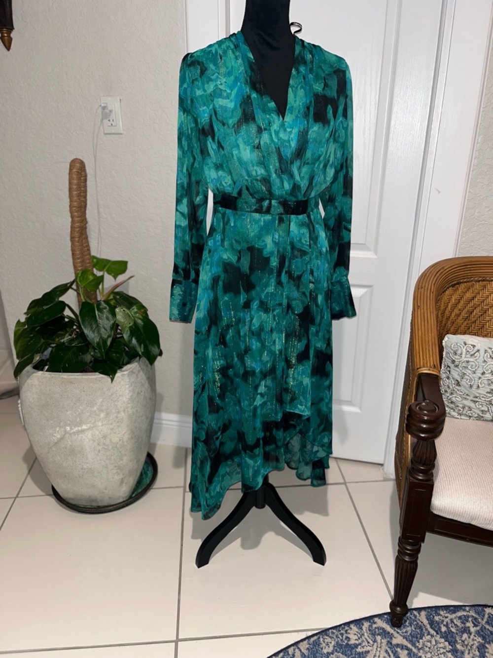 Calvin Klein Teal and Black Abstract Print Midi Dress